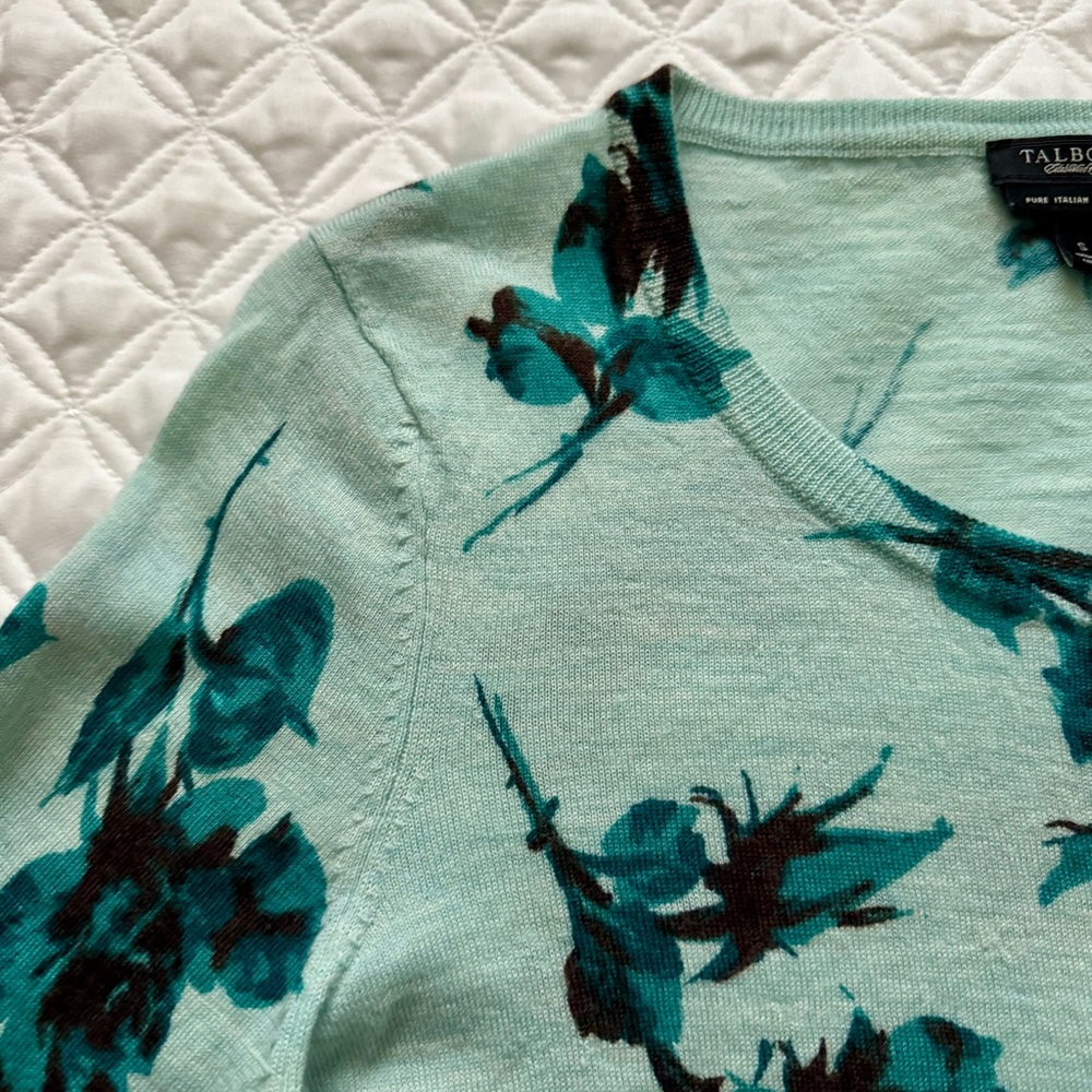 Talbots Pure Italian Merino Wool Button Down Cardigan Mint Teal Floral Size S - Picture 9 of 15